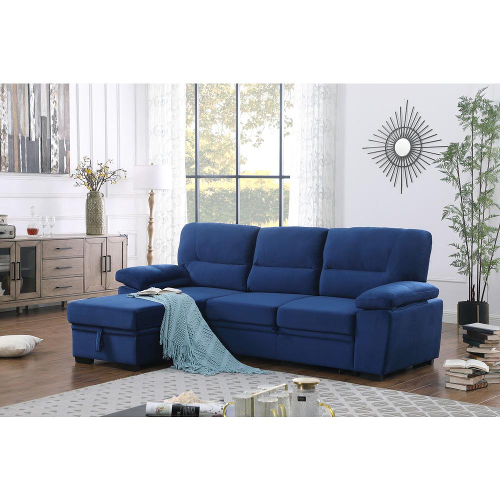 Kipling Blue Woven Fabric Reversible Sleeper Sectional Sofa Chaise. Picture 10