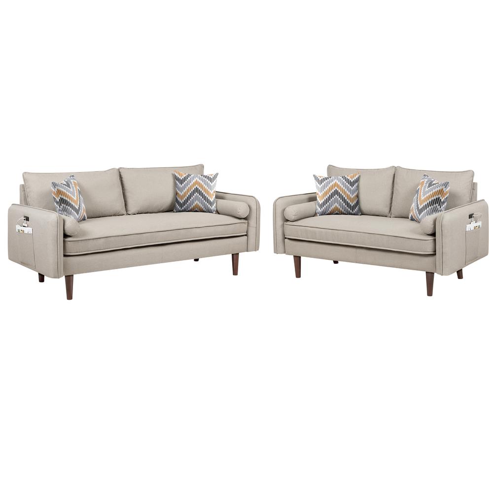 Mia Mid-Century Modern Beige Linen Sofa and Loveseat Living Room Set with USB Charging Ports & Pillows. Picture 10
