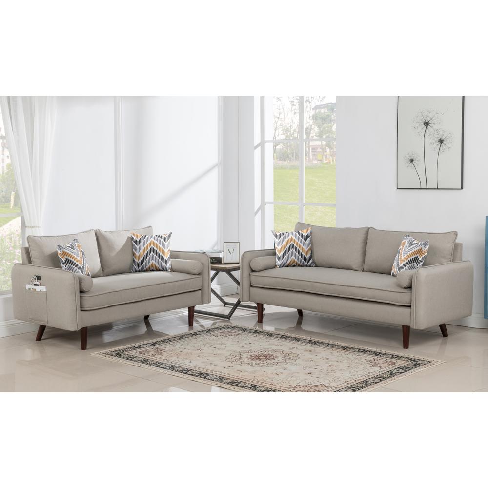 Mia Mid-Century Modern Beige Linen Sofa and Loveseat Living Room Set with USB Charging Ports & Pillows. Picture 7
