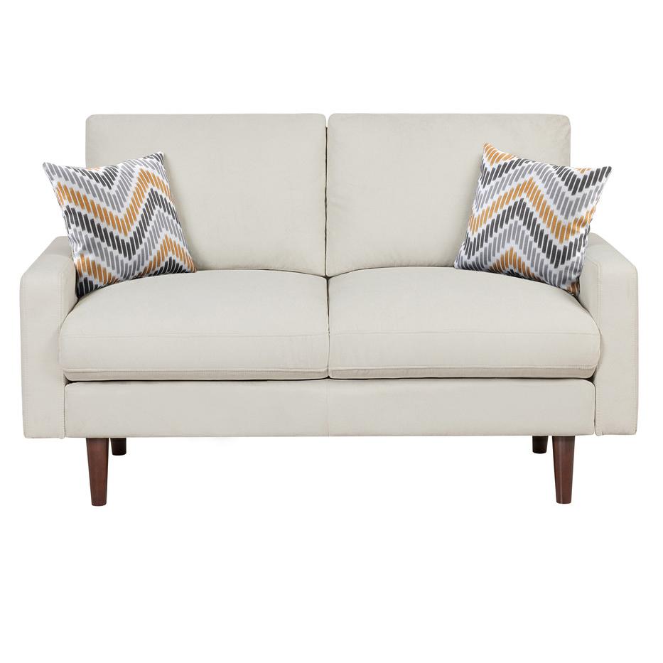 Abella Mid-Century Modern Beige Woven Fabric Sofa and Loveseat Living Room Set with USB Charging Ports & Pillows. Picture 5