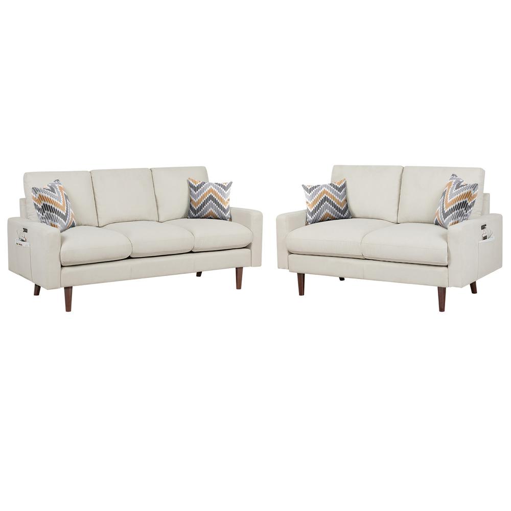 Abella Mid-Century Modern Beige Woven Fabric Sofa and Loveseat Living Room Set with USB Charging Ports & Pillows. Picture 1
