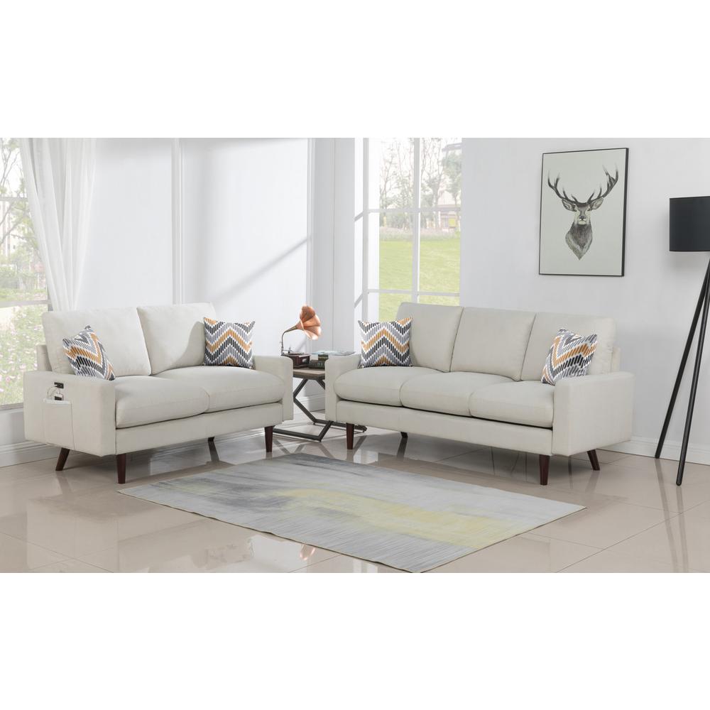 Abella Mid-Century Modern Beige Woven Fabric Sofa and Loveseat Living Room Set with USB Charging Ports & Pillows. Picture 2