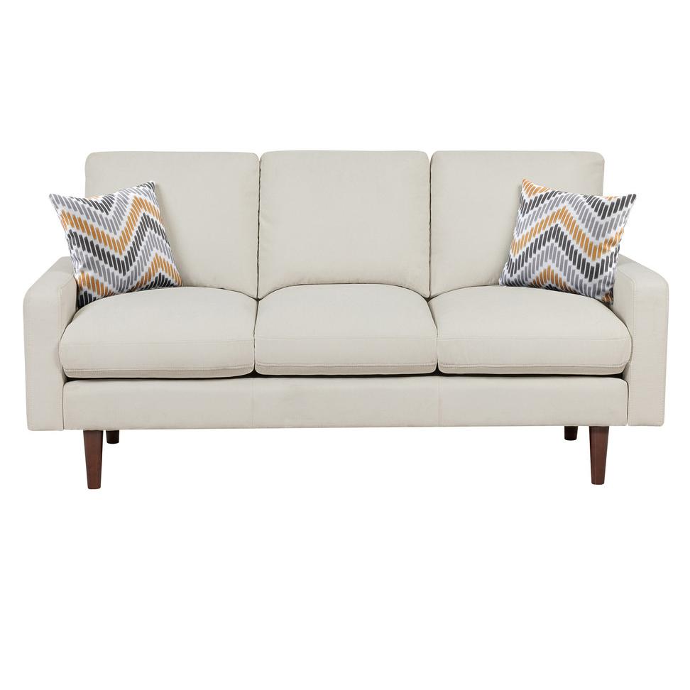 Abella Mid-Century Modern Beige Woven Fabric Sofa and Loveseat Living Room Set with USB Charging Ports & Pillows. Picture 4