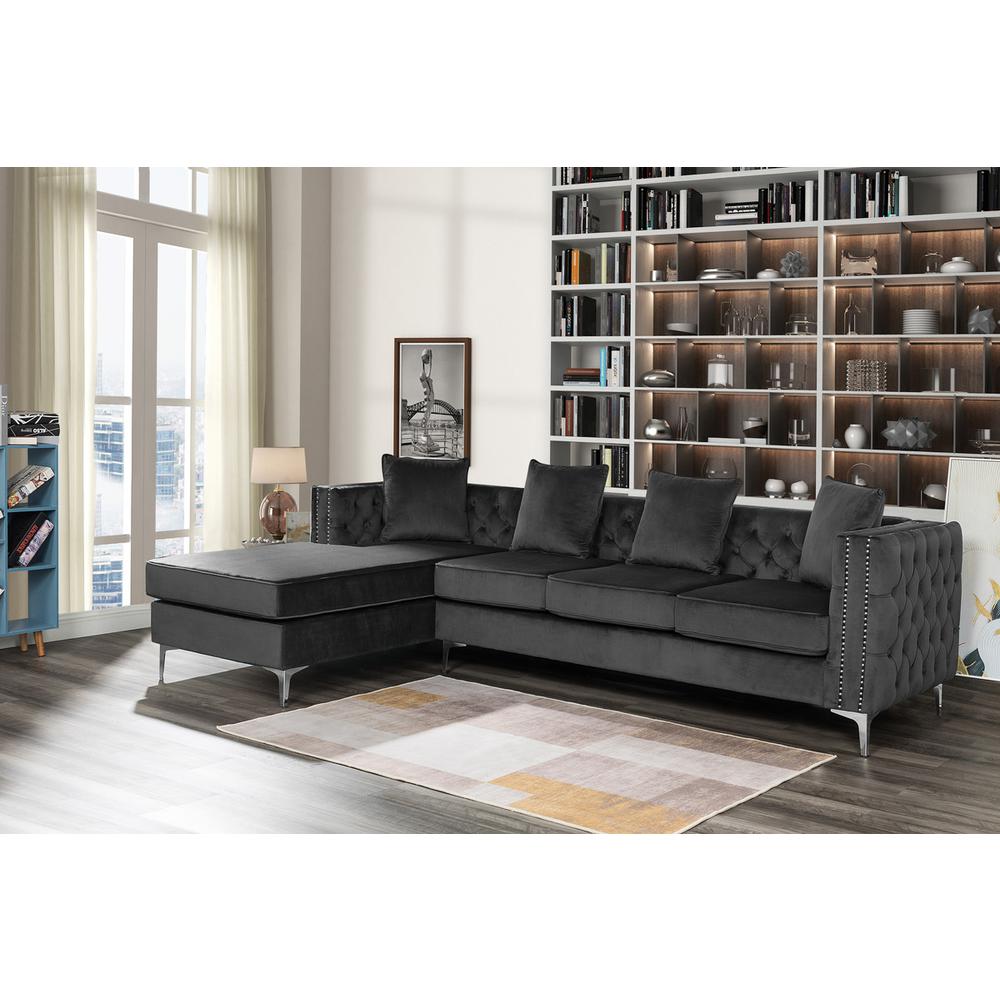 Ryan Dark Gray Velvet Reversible Sectional Sofa Chaise with Nail-Head Trim. Picture 2