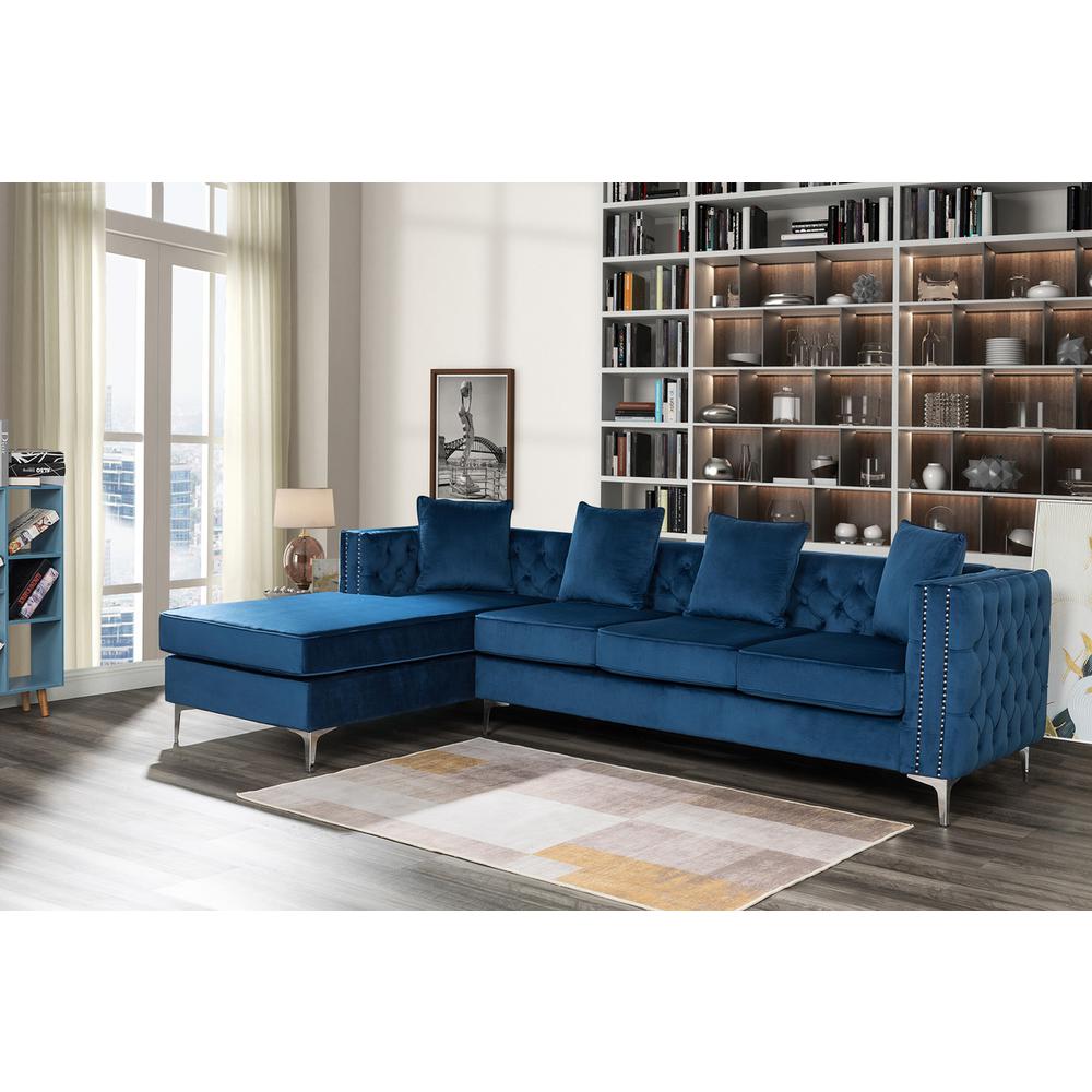 Ryan Deep Blue Velvet Reversible Sectional Sofa Chaise with Nail-Head Trim. Picture 2