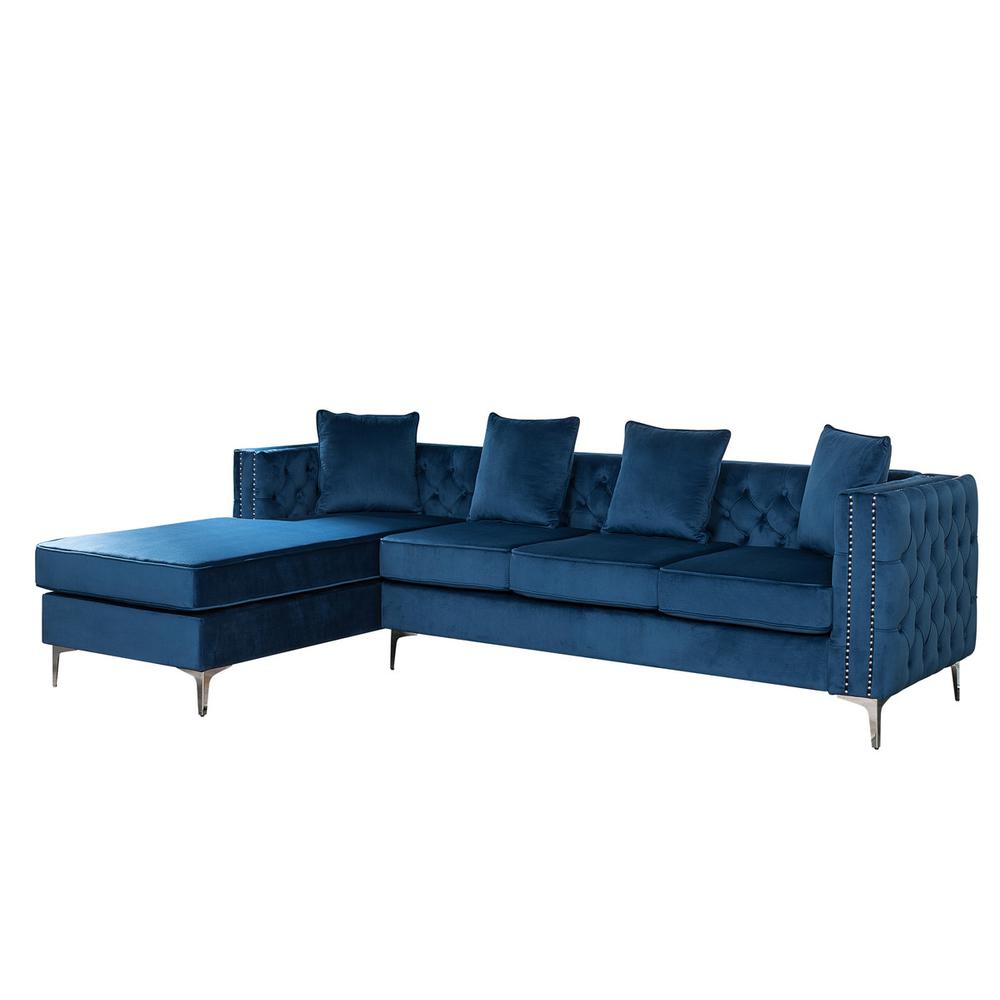 Ryan Deep Blue Velvet Reversible Sectional Sofa Chaise with Nail-Head Trim. Picture 1