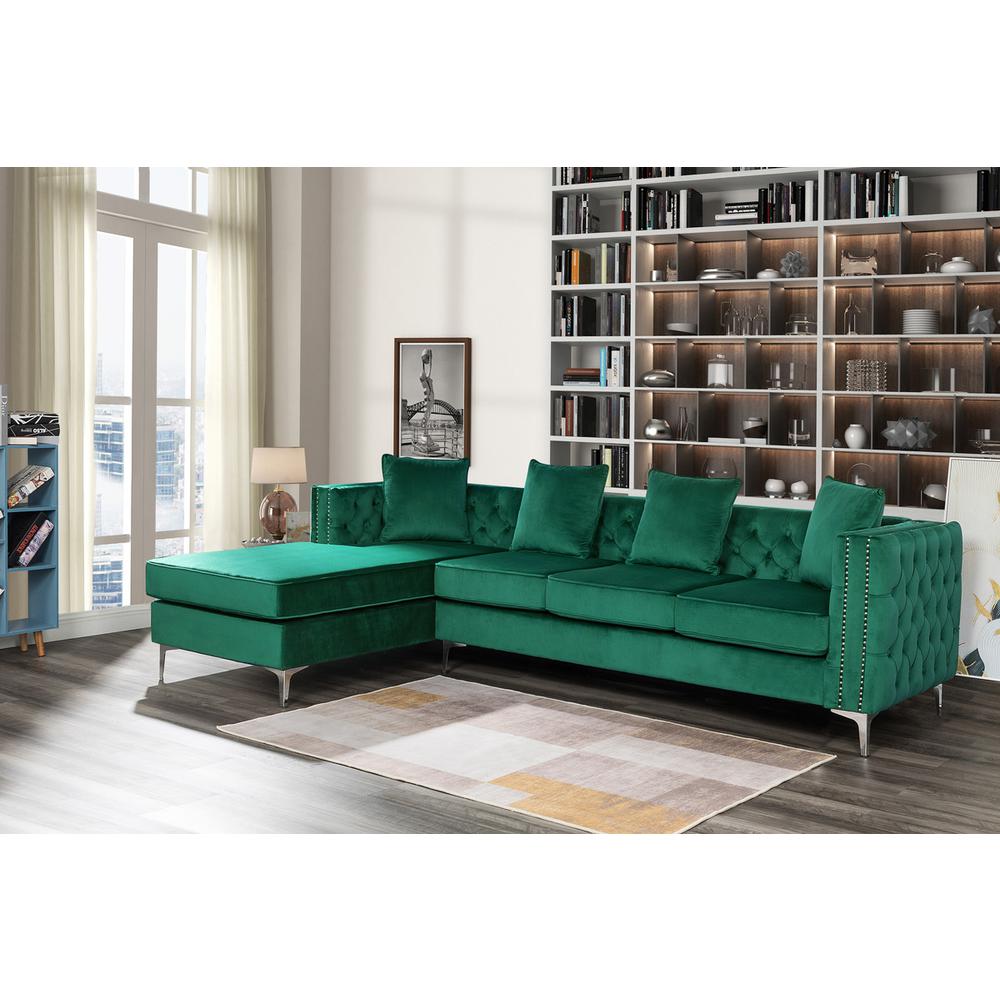 Ryan Green Velvet Reversible Sectional Sofa Chaise with Nail-Head Trim. Picture 2