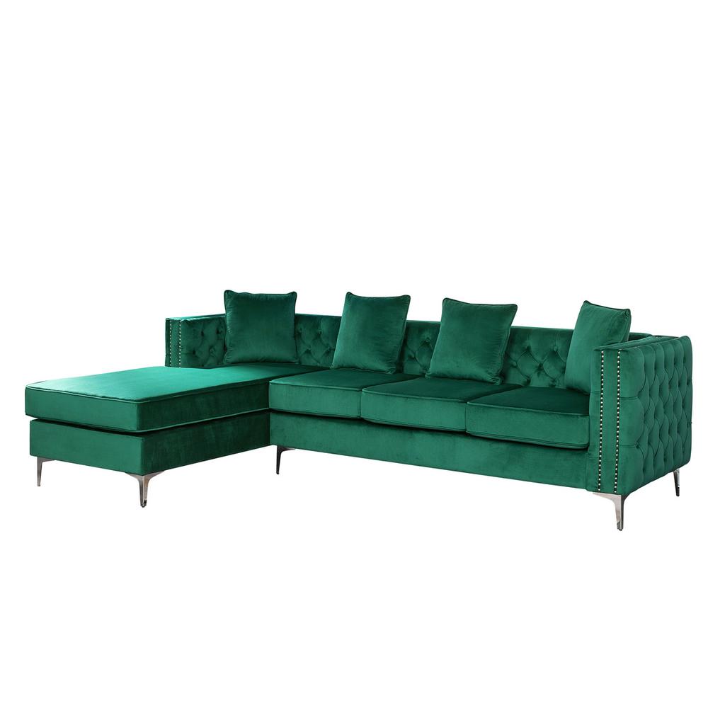 Ryan Green Velvet Reversible Sectional Sofa Chaise with Nail-Head Trim. The main picture.