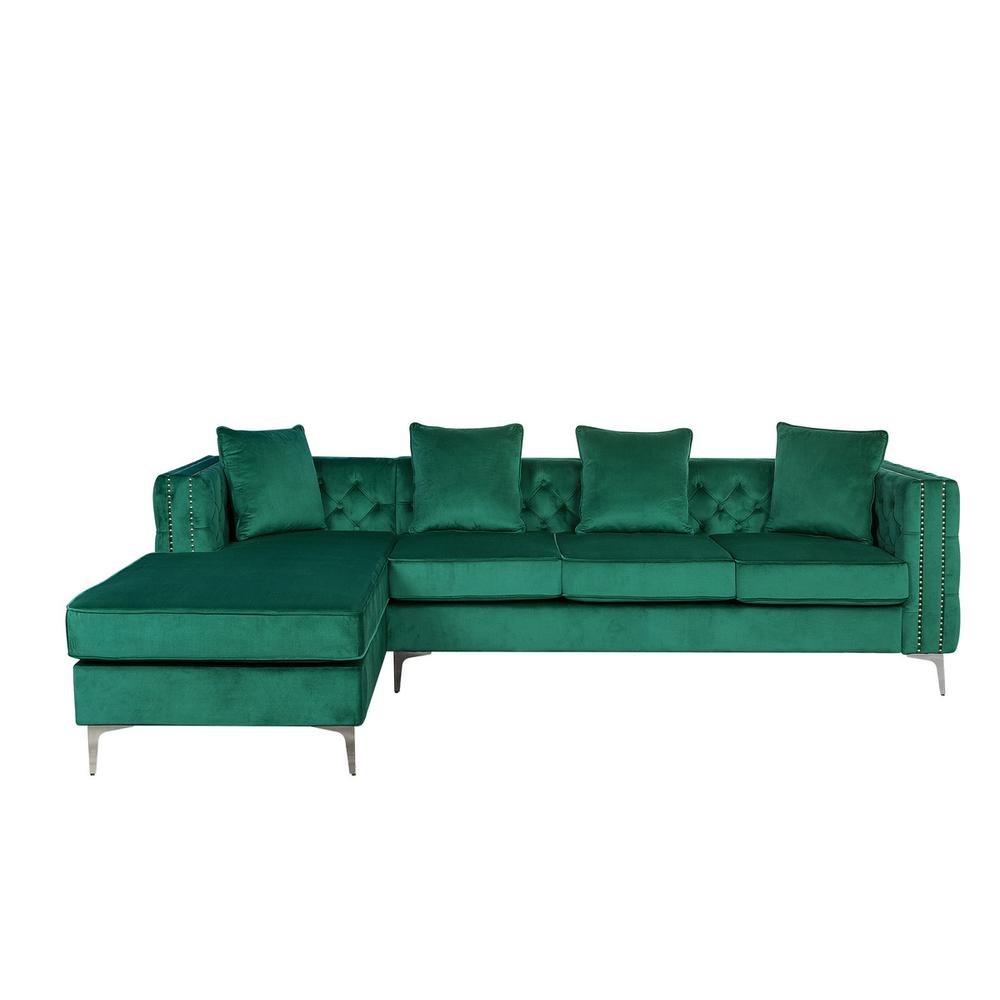 Ryan Green Velvet Reversible Sectional Sofa Chaise with Nail-Head Trim. Picture 3