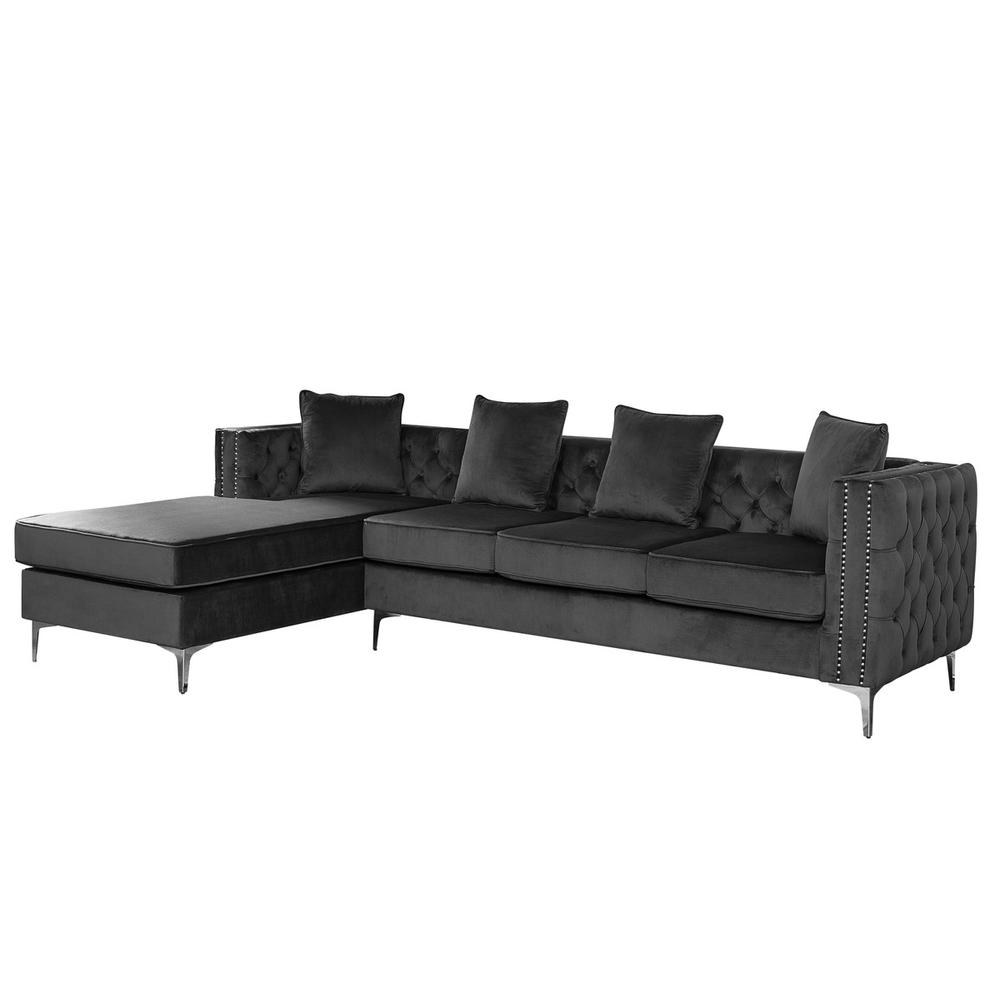 Ryan Dark Gray Velvet Reversible Sectional Sofa Chaise with Nail-Head Trim. Picture 1