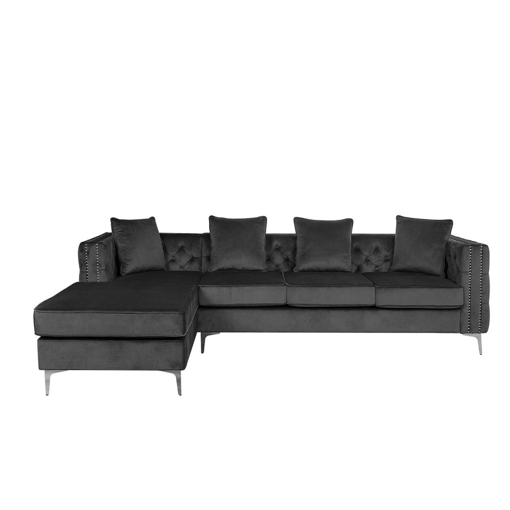 Ryan Dark Gray Velvet Reversible Sectional Sofa Chaise with Nail-Head Trim. Picture 3