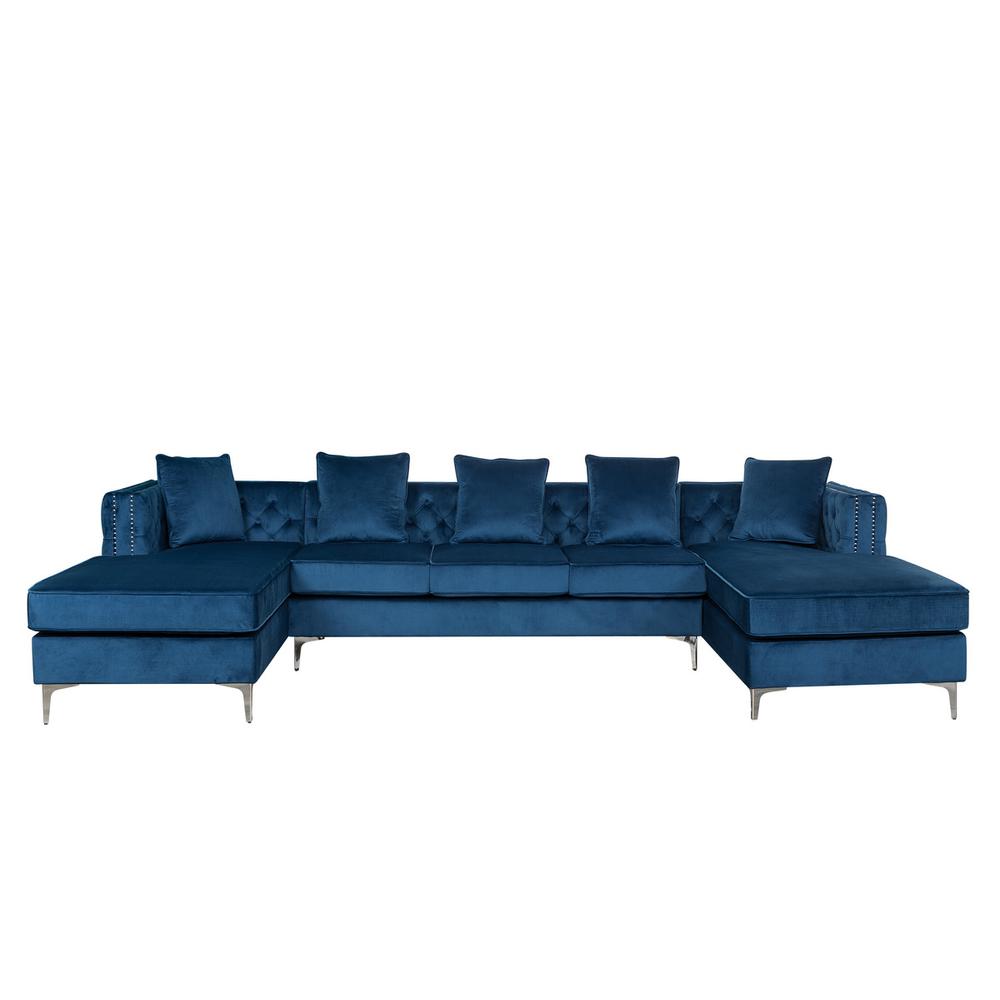 Ryan Deep Blue Velvet Double Chaise Sectional Sofa with Nail-Head Trim. Picture 2