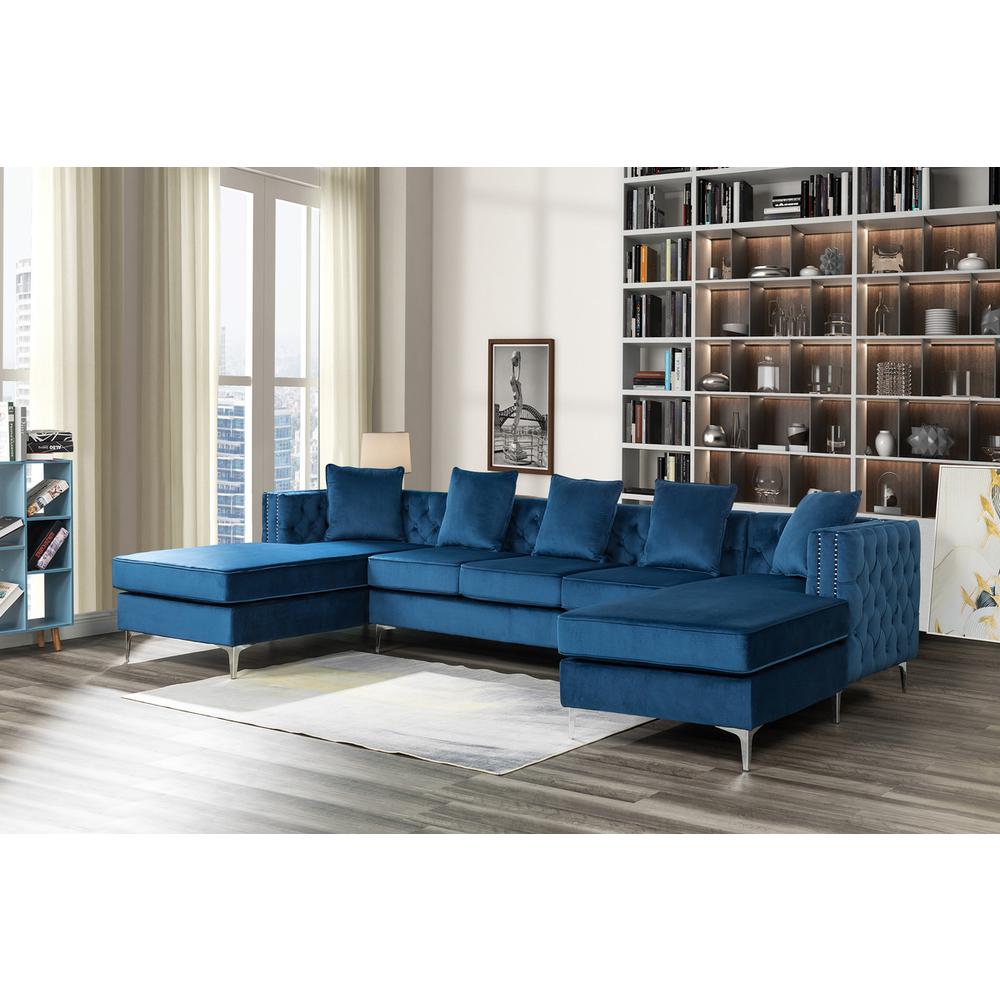 Ryan Deep Blue Velvet Double Chaise Sectional Sofa with Nail-Head Trim. Picture 4