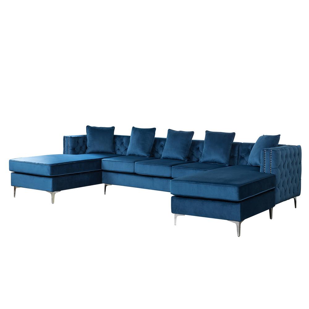 Ryan Deep Blue Velvet Double Chaise Sectional Sofa with Nail-Head Trim. Picture 1