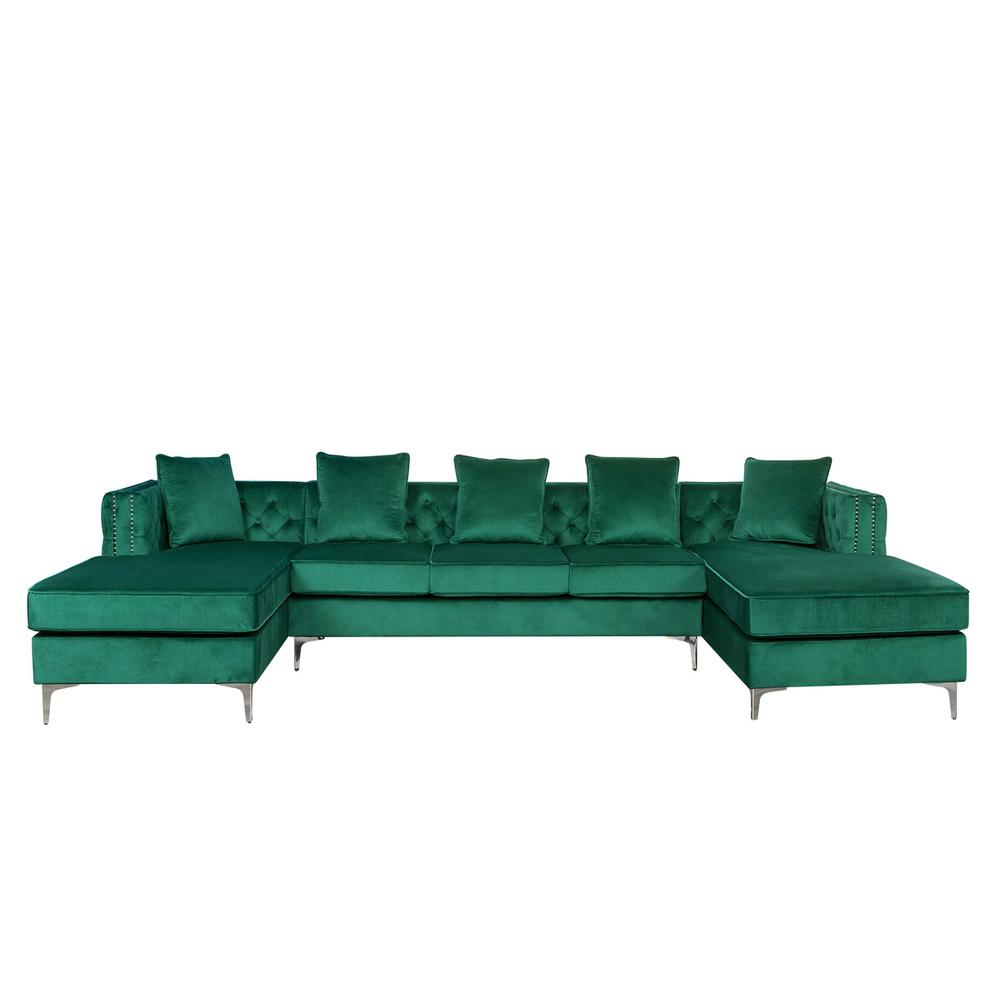 Ryan Green Velvet Double Chaise Sectional Sofa with Nail-Head Trim. Picture 3
