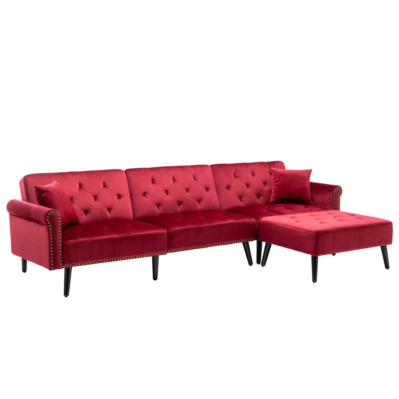 Piper Jujube Red Velvet Sofa Bed with Ottoman and 2 Accent Pillows. Picture 1