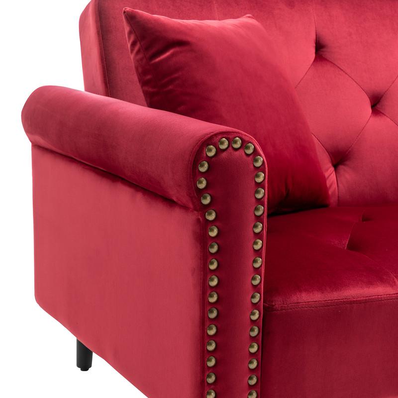 Piper Jujube Red Velvet Sofa Bed with Ottoman and 2 Accent Pillows. Picture 8