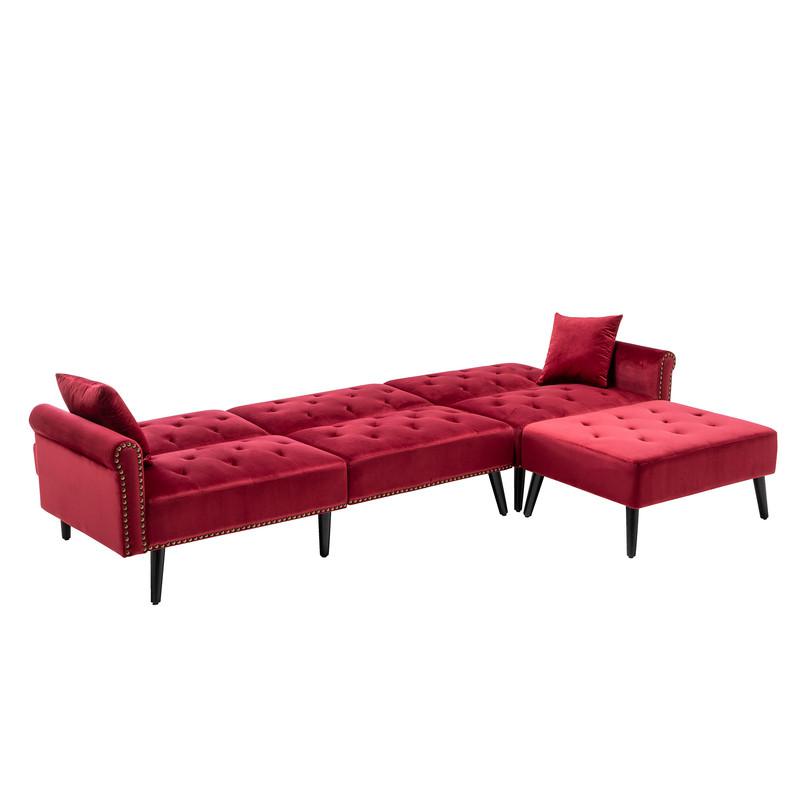Piper Jujube Red Velvet Sofa Bed with Ottoman and 2 Accent Pillows. Picture 2