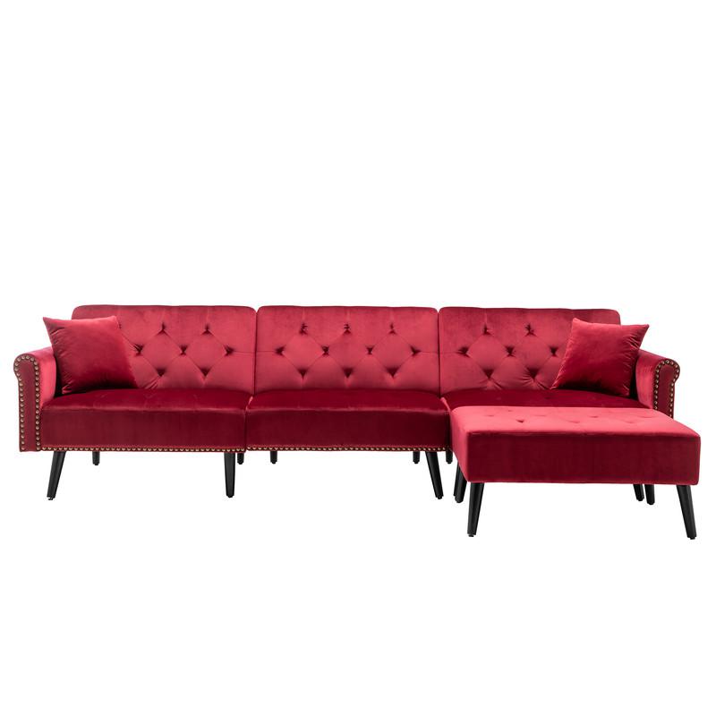 Piper Jujube Red Velvet Sofa Bed with Ottoman and 2 Accent Pillows. Picture 4