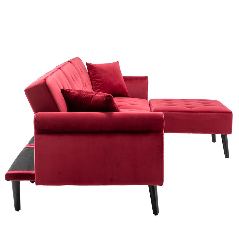 Piper Jujube Red Velvet Sofa Bed with Ottoman and 2 Accent Pillows. Picture 5