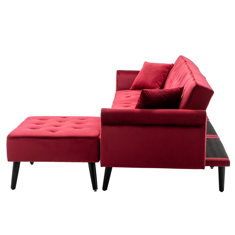 Piper Jujube Red Velvet Sofa Bed with Ottoman and 2 Accent Pillows. Picture 6