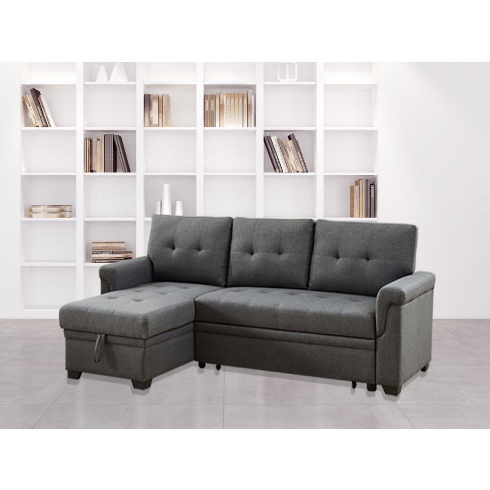Destiny Dark Gray Linen Reversible Sleeper Sectional Sofa with Storage Chaise. Picture 4