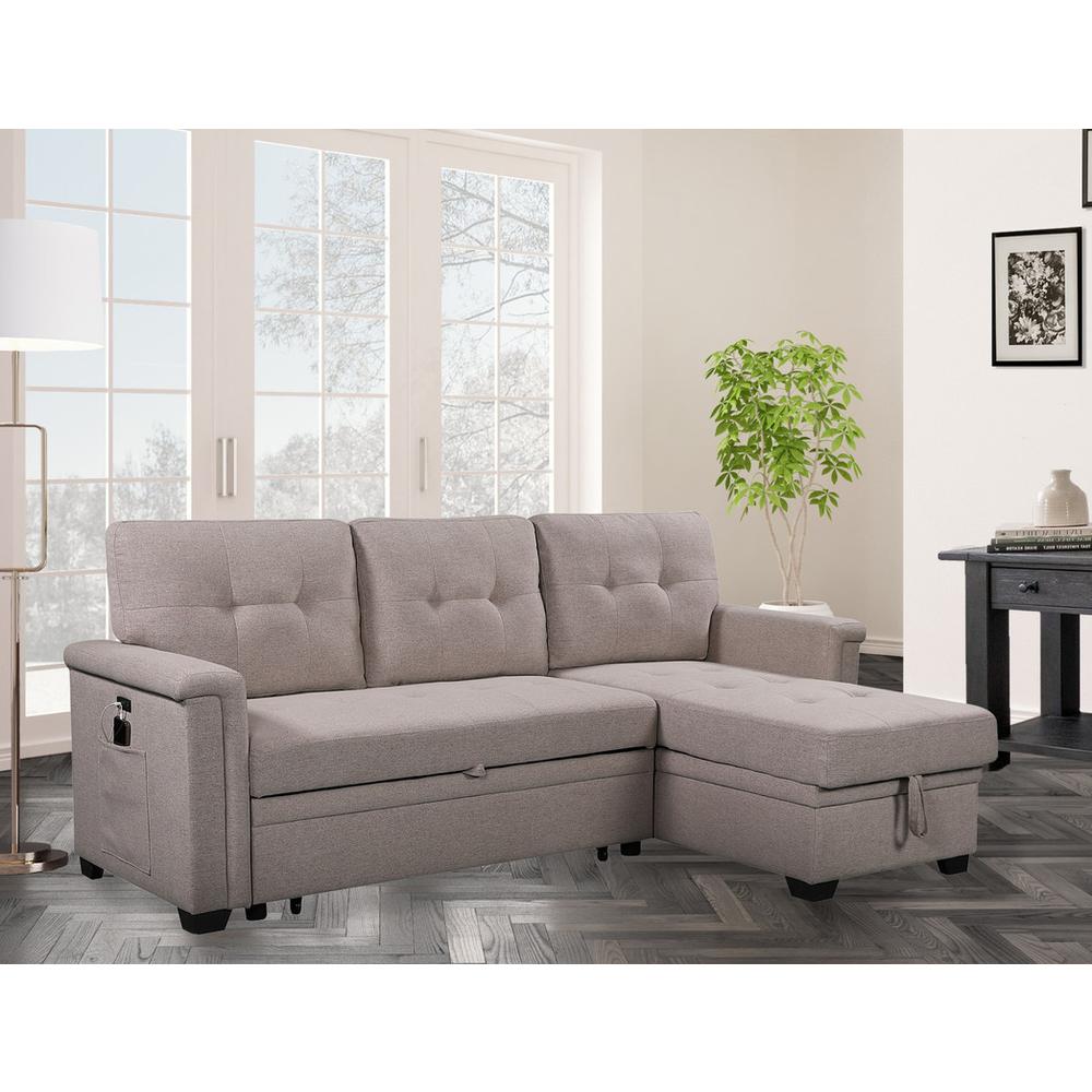 Nathan Light Gray Reversible Sleeper Sectional Sofa with Storage Chaise, USB Charging Ports and Pocket. Picture 6