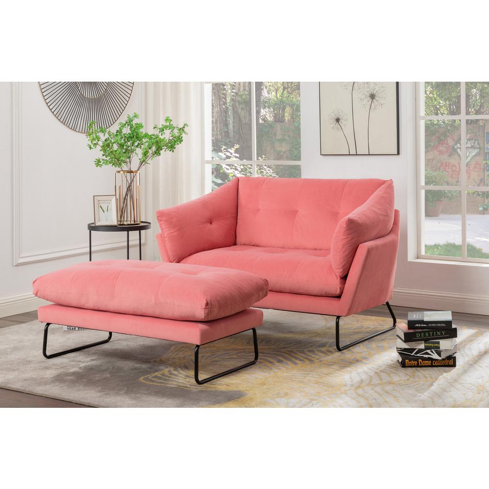 Karla Pink Velvet Contemporary Loveseat and Ottoman. Picture 1