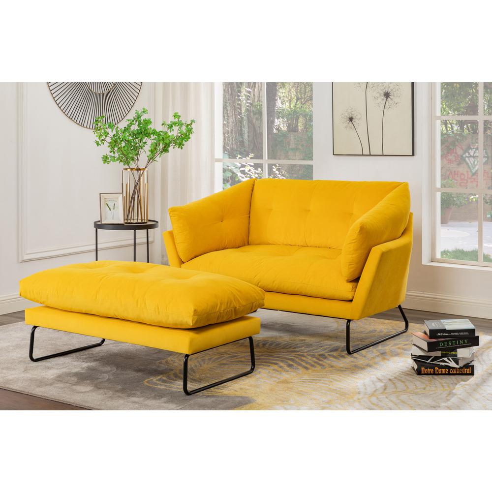 Karla Yellow Velvet Contemporary Loveseat and Ottoman. Picture 1