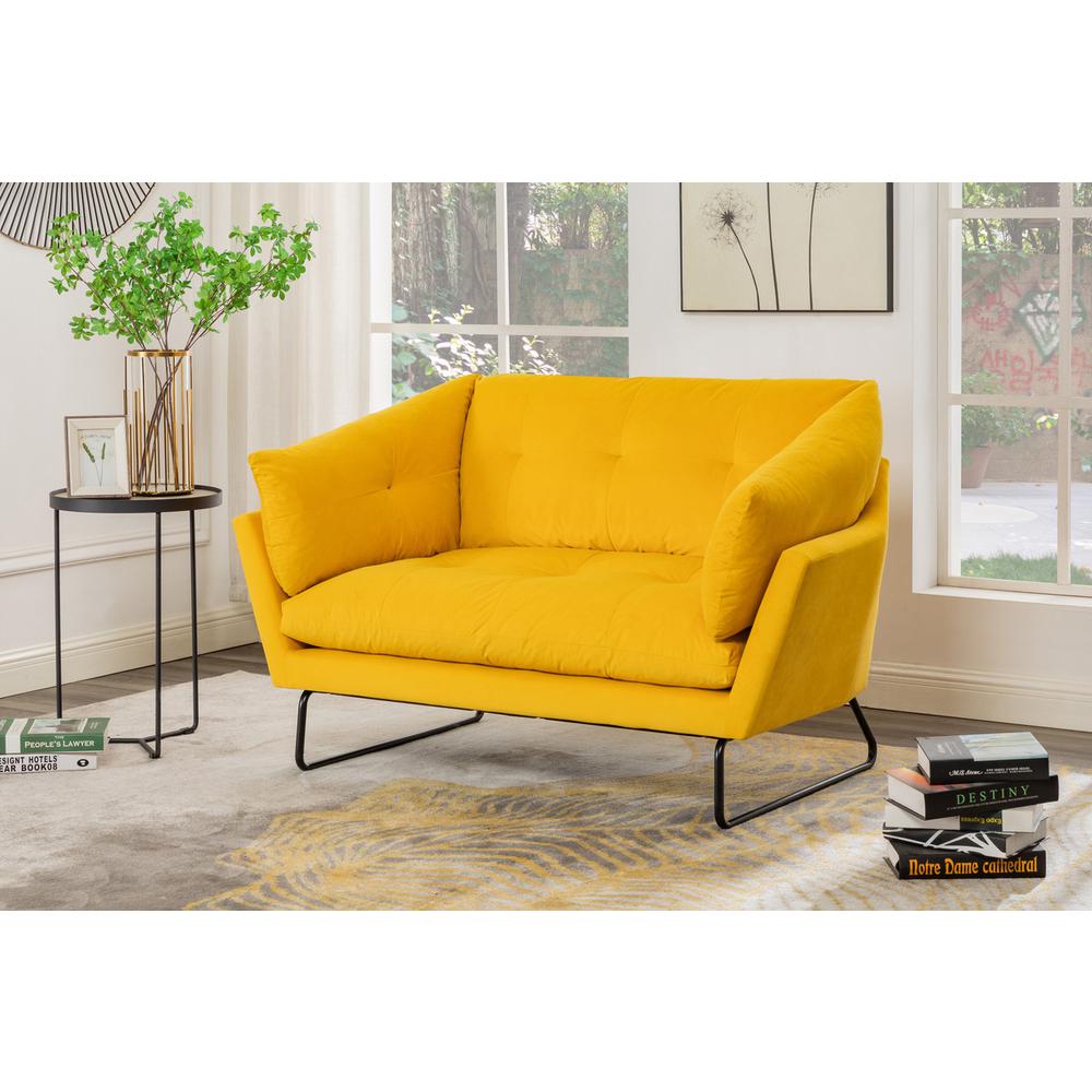 Karla Yellow Velvet Contemporary Loveseat and Ottoman. Picture 3