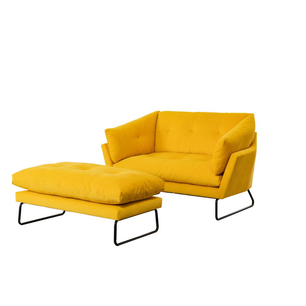Karla Yellow Velvet Contemporary Loveseat and Ottoman. Picture 2