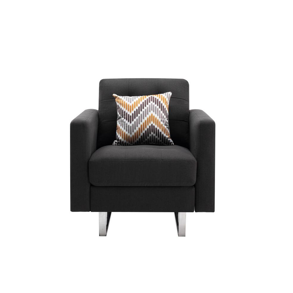 Victoria Dark Gray Linen Fabric Armchair with Metal Legs, Side Pockets, and Pillow. Picture 3