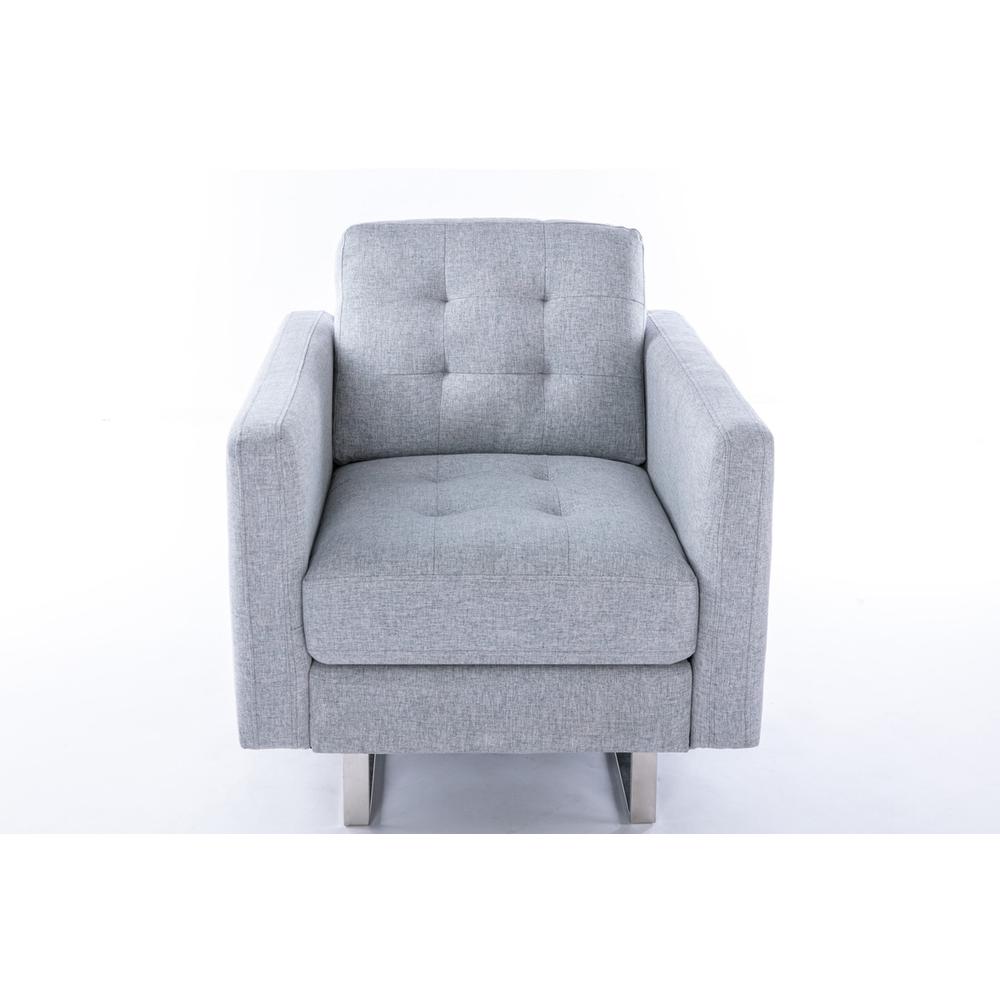 Victoria Light Gray Linen Fabric Armchair with Metal Legs, Side Pockets, and Pillow. Picture 2