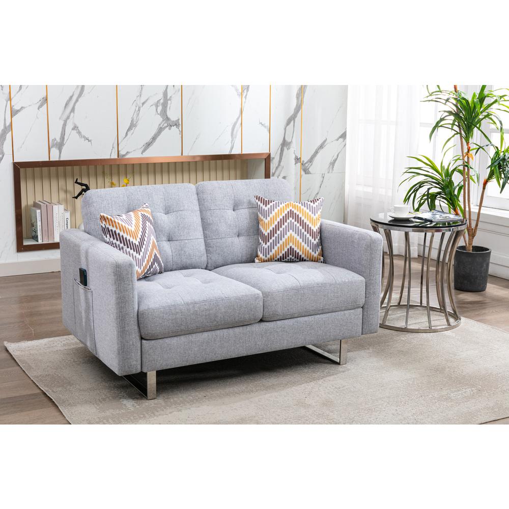 Victoria Light Gray Linen Fabric Loveseat with Metal Legs, Side Pockets, and Pillows. The main picture.