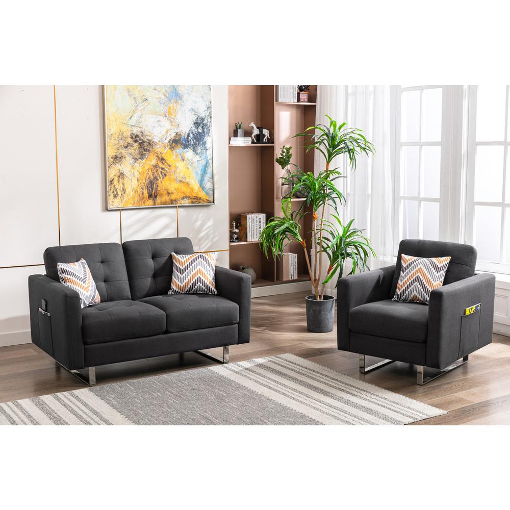 Victoria Dark Gray Linen Fabric Loveseat Chair Living Room Set with Metal Legs, Side Pockets, and Pillows. Picture 1