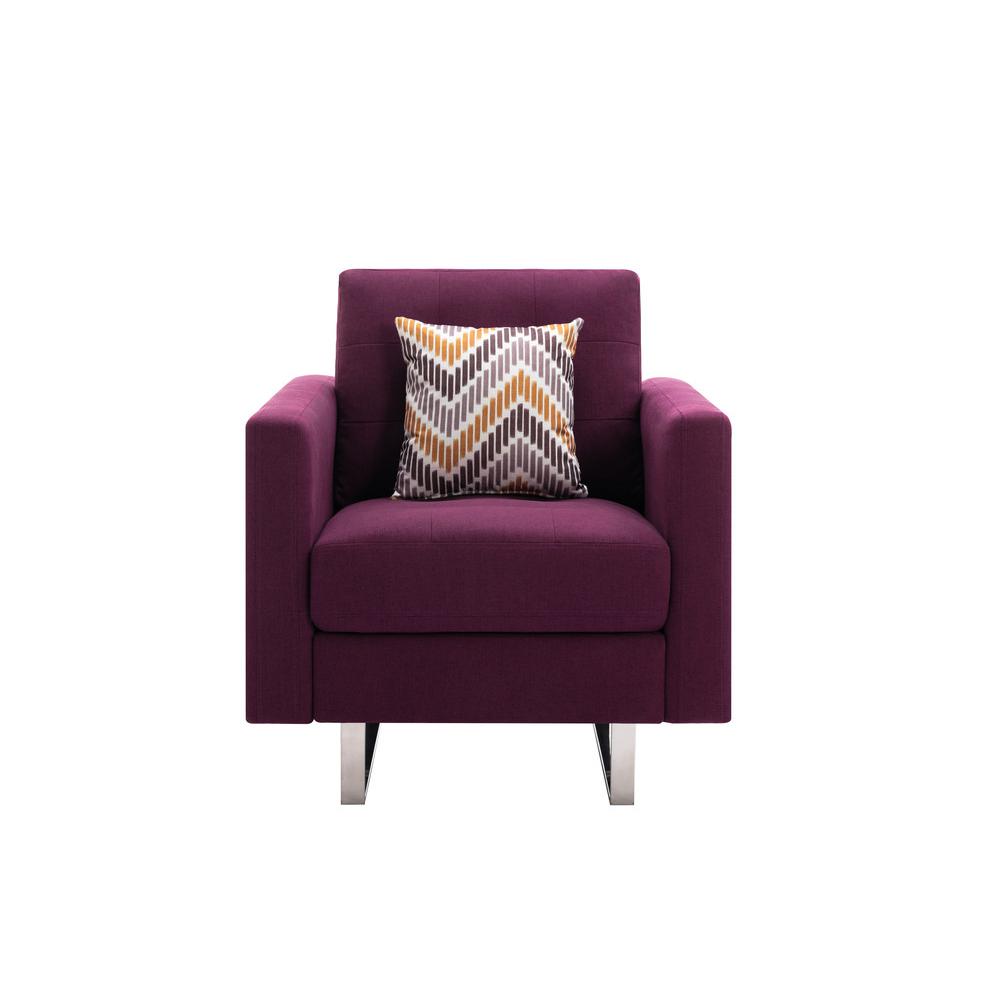 Victoria Purple Linen Fabric Armchair with Metal Legs, Side Pockets, and Pillow. Picture 4