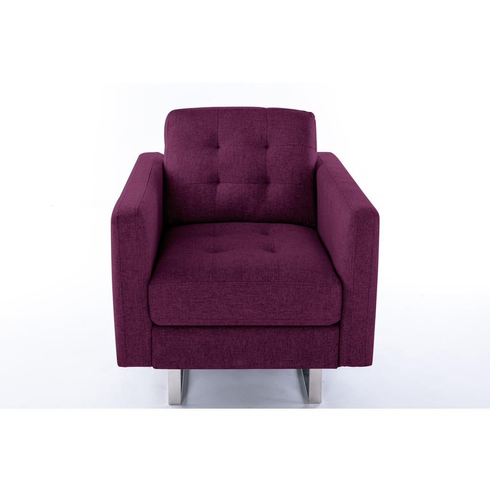 Victoria Purple Linen Fabric Armchair with Metal Legs, Side Pockets, and Pillow. Picture 3
