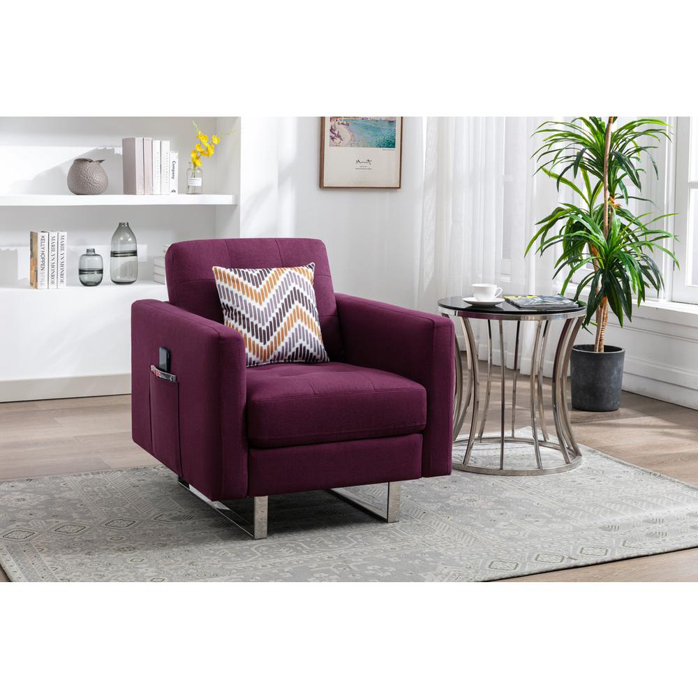 Victoria Purple Linen Fabric Armchair with Metal Legs, Side Pockets, and Pillow. Picture 1