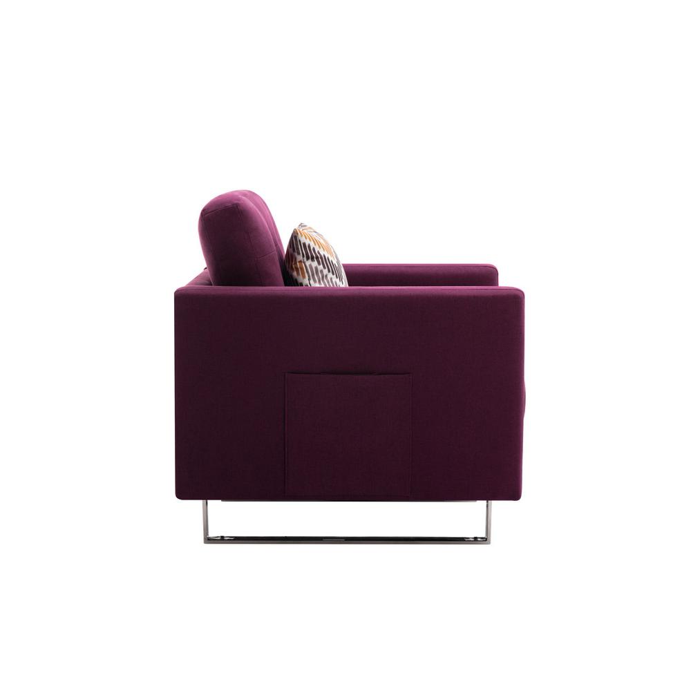 Victoria Purple Linen Fabric Armchair with Metal Legs, Side Pockets, and Pillow. Picture 5