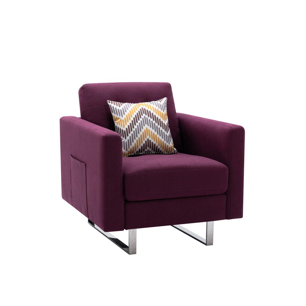 Victoria Purple Linen Fabric Armchair with Metal Legs, Side Pockets, and Pillow. Picture 2