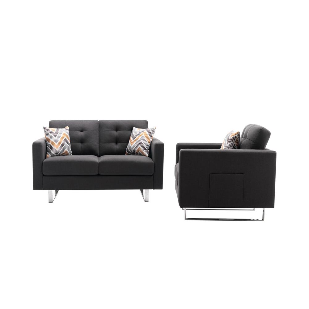 Victoria Dark Gray Linen Fabric Loveseat Chair Living Room Set with Metal Legs, Side Pockets, and Pillows. Picture 2