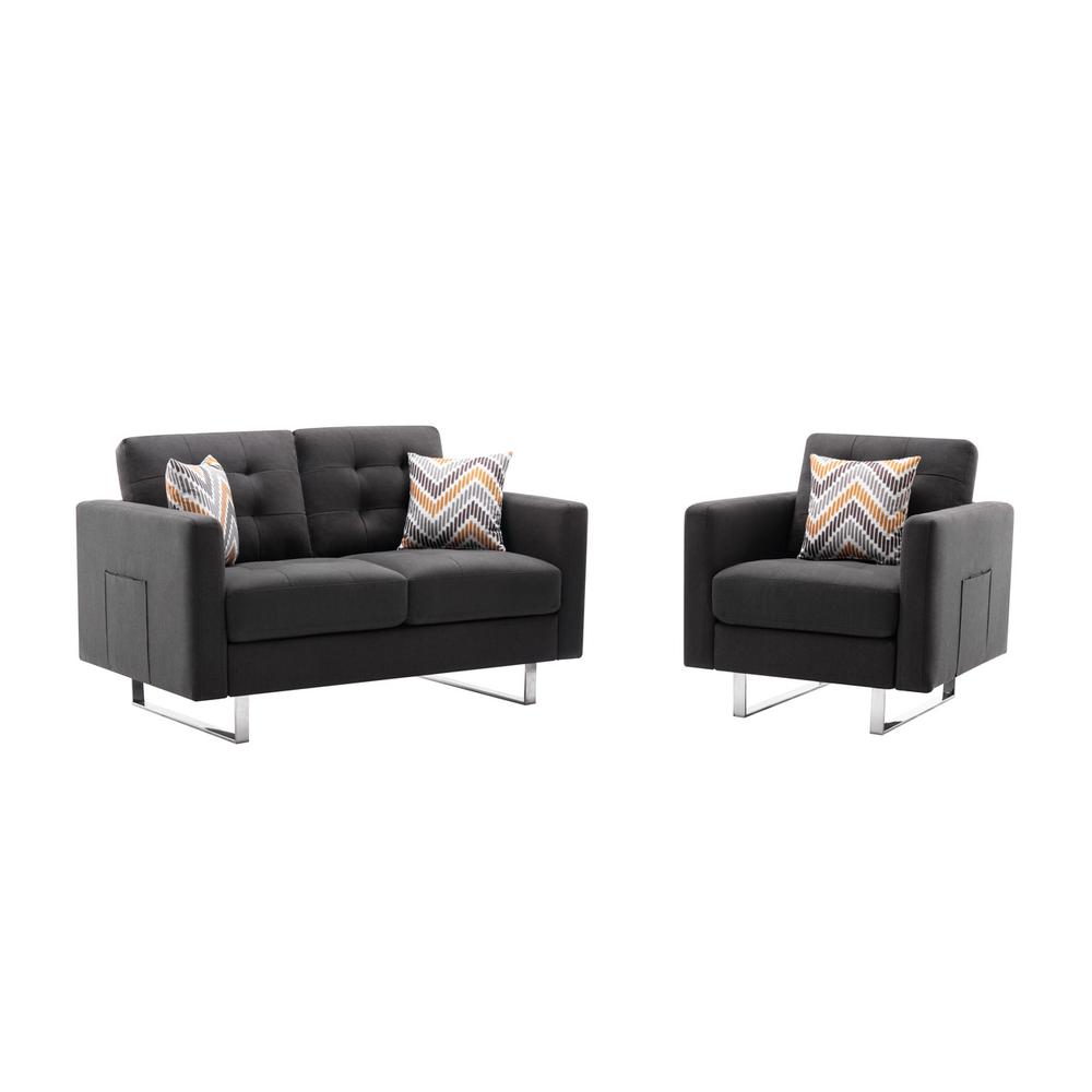 Victoria Dark Gray Linen Fabric Loveseat Chair Living Room Set with Metal Legs, Side Pockets, and Pillows. Picture 2