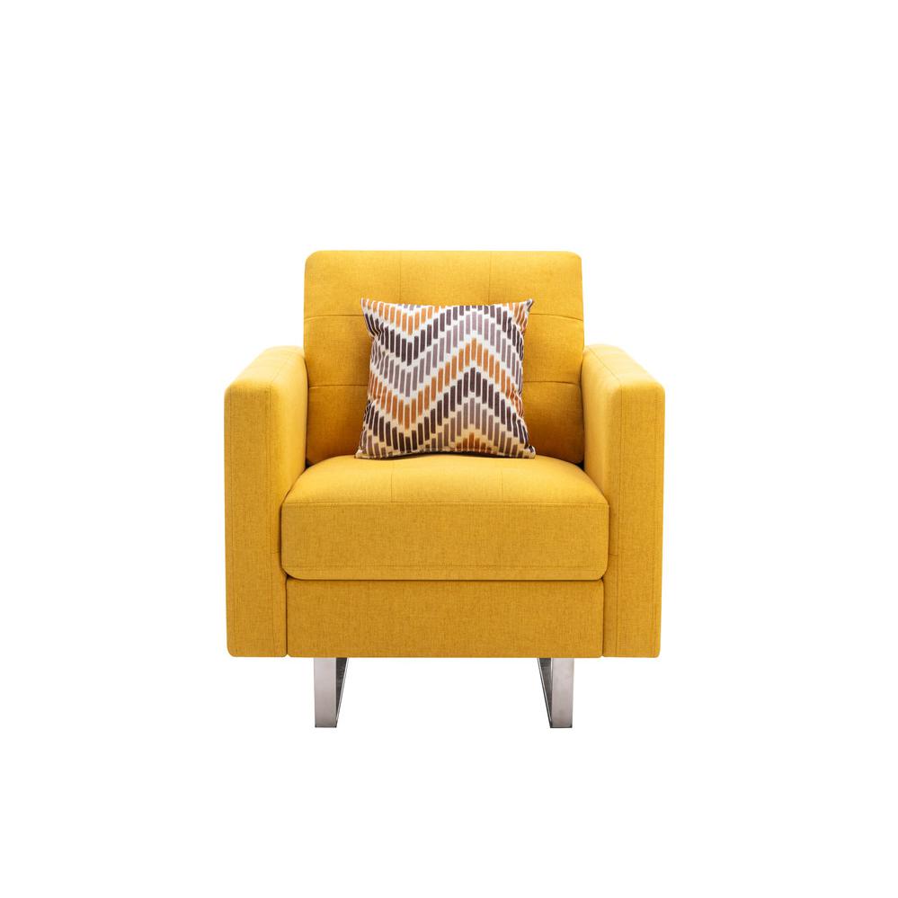 Victoria Yellow Linen Fabric Armchair with Metal Legs, Side Pockets, and Pillow. Picture 4