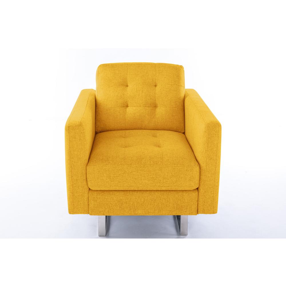 Victoria Yellow Linen Fabric Armchair with Metal Legs, Side Pockets, and Pillow. Picture 2