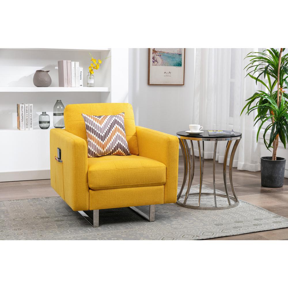 Victoria Yellow Linen Fabric Armchair with Metal Legs, Side Pockets, and Pillow. Picture 1