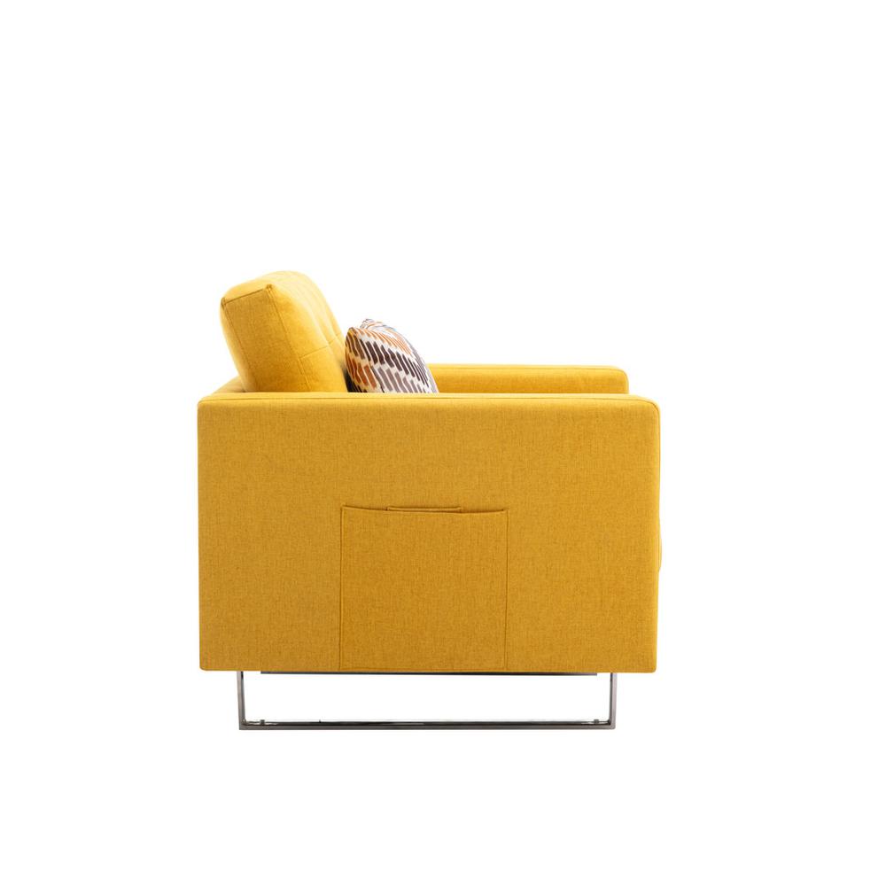 Victoria Yellow Linen Fabric Armchair with Metal Legs, Side Pockets, and Pillow. Picture 5