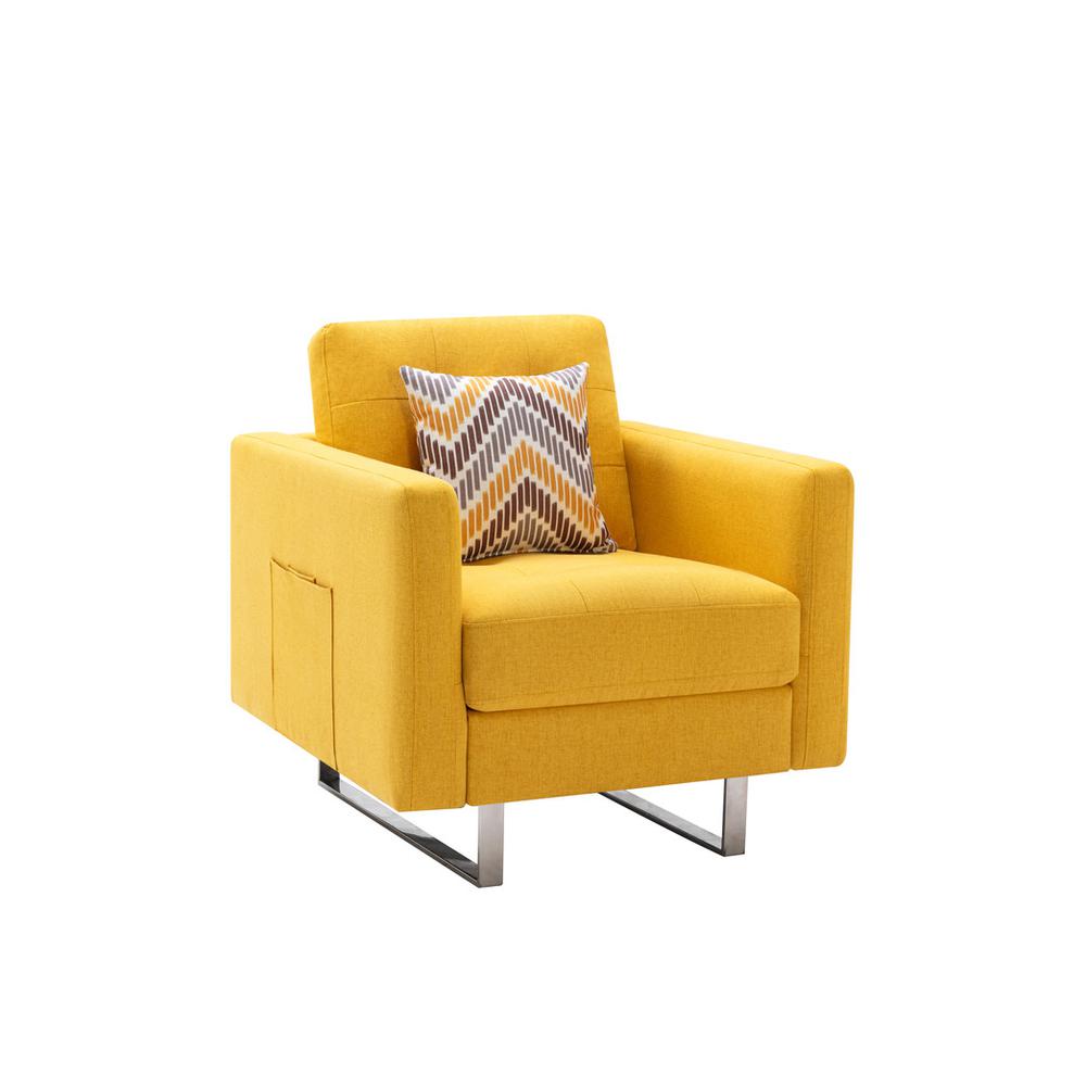 Victoria Yellow Linen Fabric Armchair with Metal Legs, Side Pockets, and Pillow. Picture 2
