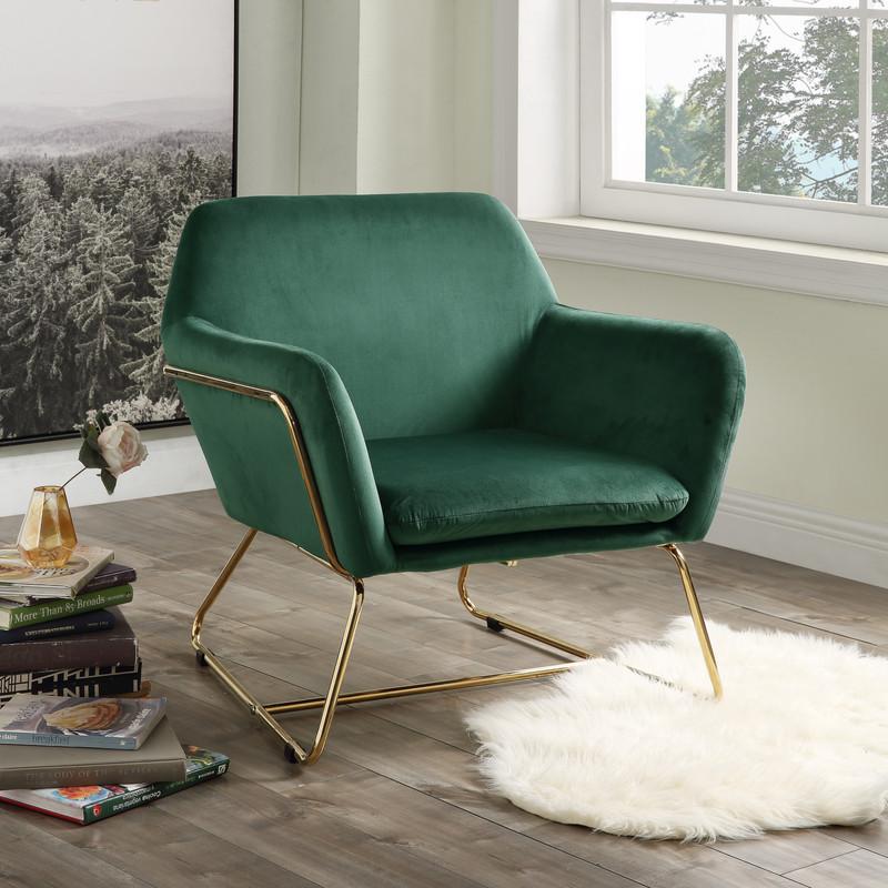 Keira Green Velvet Accent Chair with Metal Base. Picture 4
