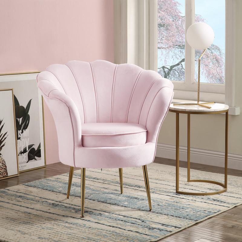 Angelina Pink Velvet Scalloped Back Barrel Accent Chair with Metal Legs. Picture 2