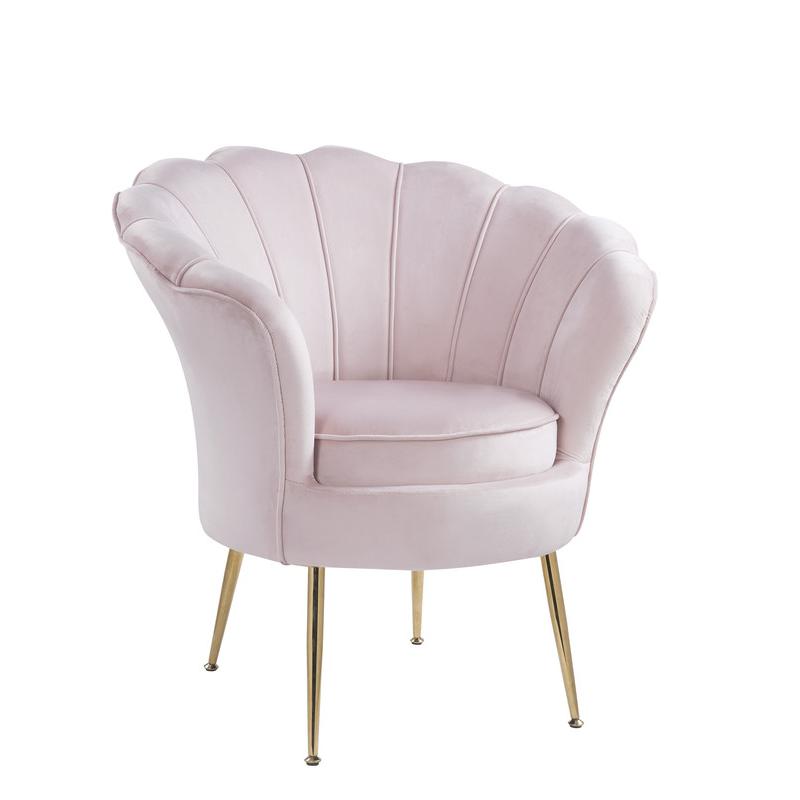 Angelina Pink Velvet Scalloped Back Barrel Accent Chair with Metal Legs. Picture 1